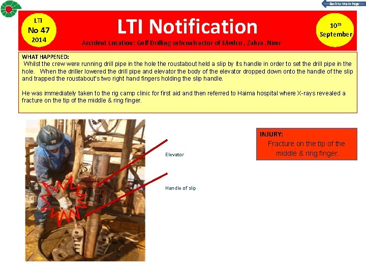 Back to Main Page LTI No 47 2014 LTI Notification Accident Location: Gulf Drilling