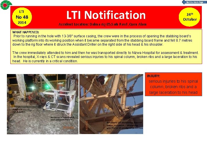 Back to Main Page LTI No 48 2014 LTI Notification Accident Location: Dalma rig-85,