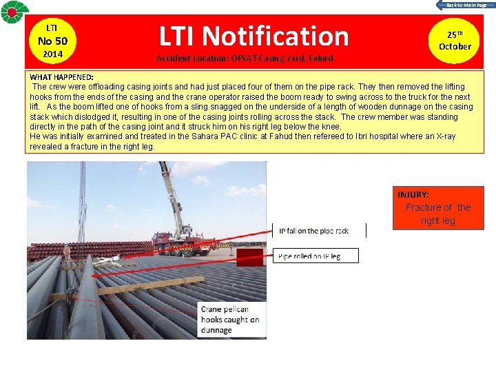 Back to Main Page LTI No 50 2014 LTI Notification Accident Location: OFSAT Casing