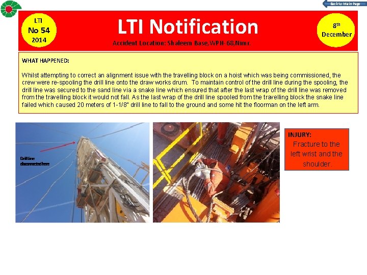 Back to Main Page LTI No 54 2014 LTI Notification Accident Location: Shaleem Base,