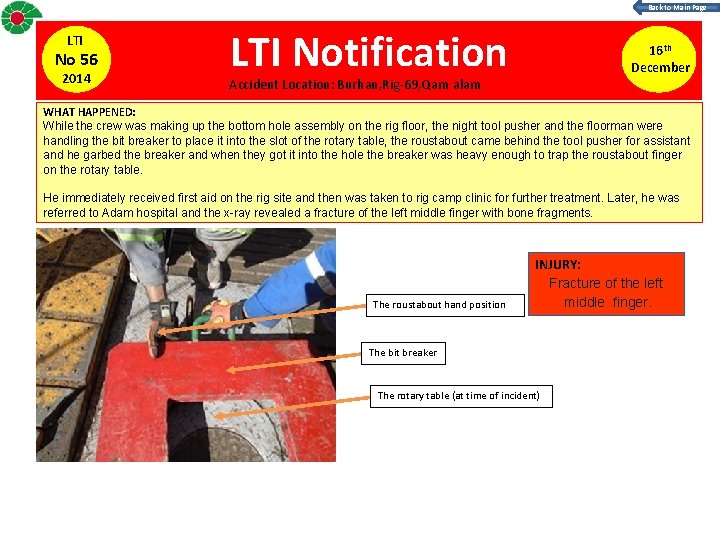 Back to Main Page LTI No 56 2014 LTI Notification 16 th December Accident