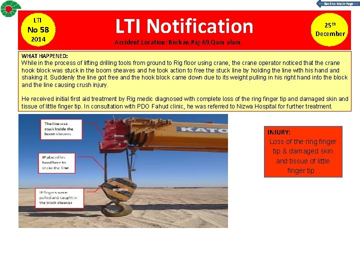 Back to Main Page LTI No 58 2014 LTI Notification Accident Location: Burhan, Rig-69, Back to Main Page LTI No 58 2014 LTI Notification Accident Location: Burhan, Rig-69,