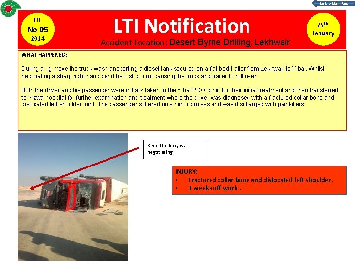 Back to Main Page LTI No 05 2014 LTI Notification Accident Location: Desert Byrne
