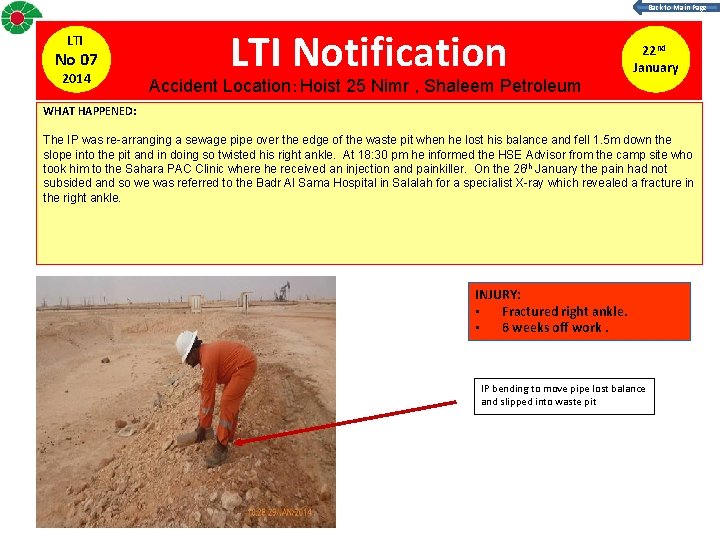 Back to Main Page LTI No 07 2014 LTI Notification 22 nd January Accident