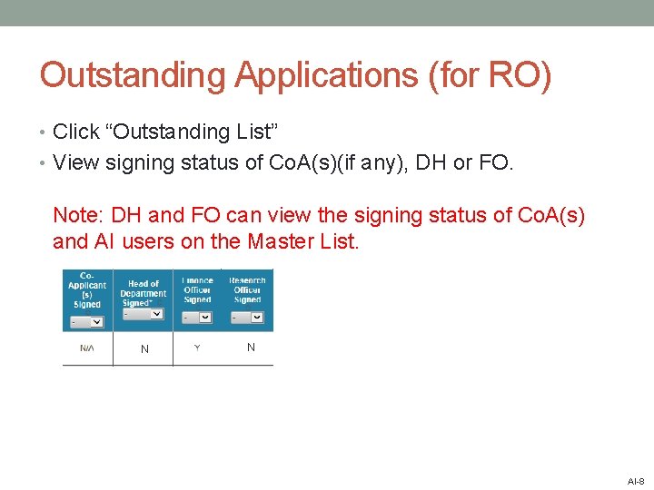 Outstanding Applications (for RO) • Click “Outstanding List” • View signing status of Co.