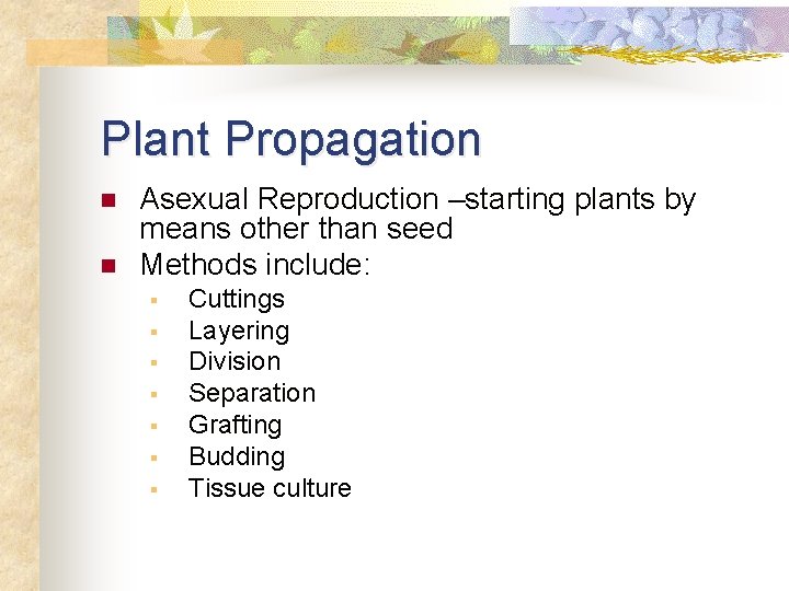 Plant Propagation n n Asexual Reproduction –starting plants by means other than seed Methods