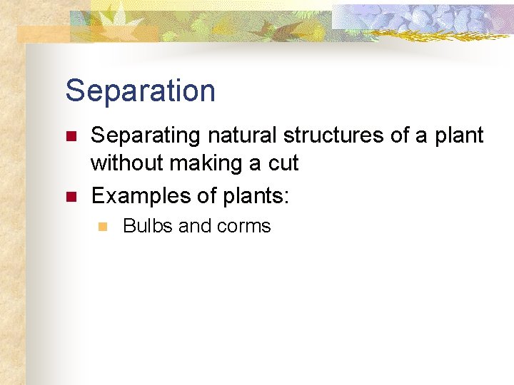 Separation n n Separating natural structures of a plant without making a cut Examples