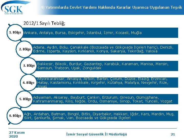 4) Yatırımlarda Devlet Yardımı Hakkında Kararlar Uyarınca Uygulanan Teşvik 2012/1 Sayılı Tebliğ; 1. Bölge