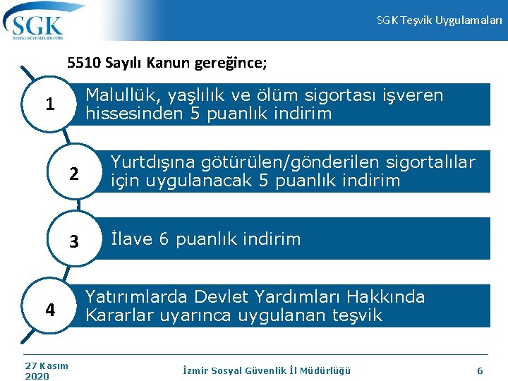 SGK Teşvik Uygulamaları 5510 Sayılı Kanun gereğince; Malullük, yaşlılık ve ölüm sigortası işveren hissesinden