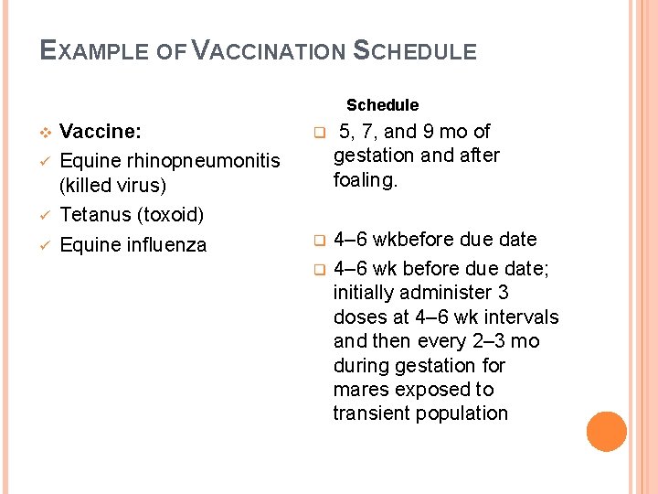 EXAMPLE OF VACCINATION SCHEDULE Schedule v ü ü ü Vaccine: Equine rhinopneumonitis (killed virus)