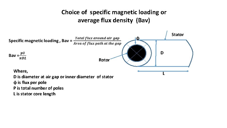 Choice of specific magnetic loading or average flux density (Bav) Stator φ D Rotor