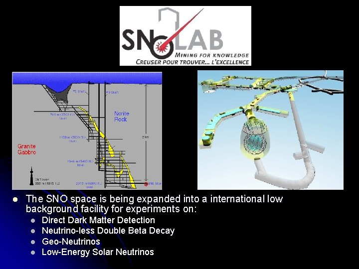 l The SNO space is being expanded into a international low background facility for