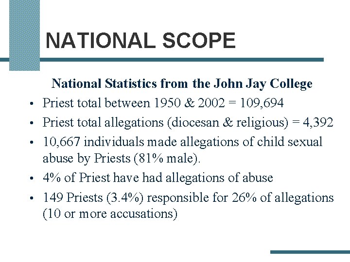 NATIONAL SCOPE • • • National Statistics from the John Jay College Priest total