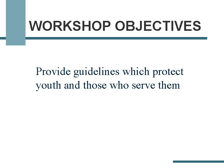 WORKSHOP OBJECTIVES Provide guidelines which protect youth and those who serve them 
