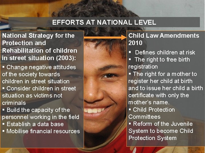 EFFORTS AT NATIONAL LEVEL National Strategy for the Protection and Rehabilitation of children in