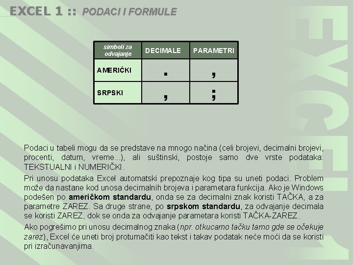 EXCEL 1 : : PODACI I FORMULE simboli za odvajanje AMERIČKI SRPSKI DECIMALE .