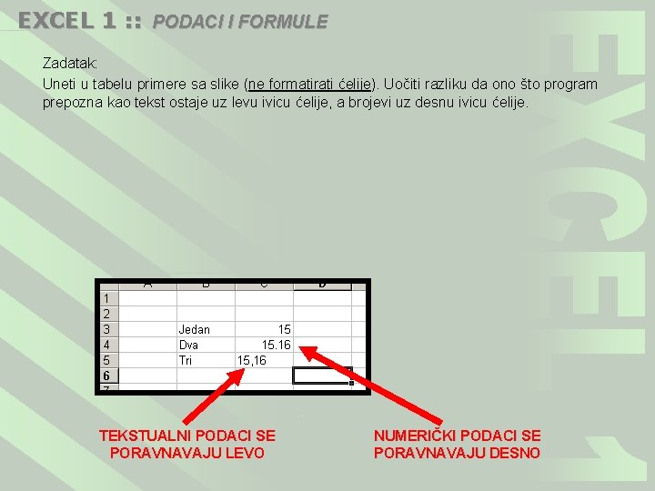 EXCEL 1 : : PODACI I FORMULE Zadatak: Uneti u tabelu primere sa slike