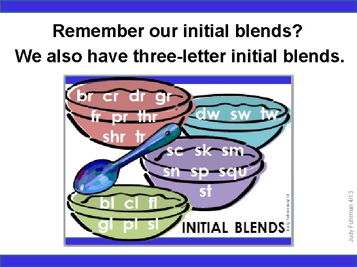 Judy Fuhrman 4/13 Remember our initial blends? We also have three-letter initial blends. 