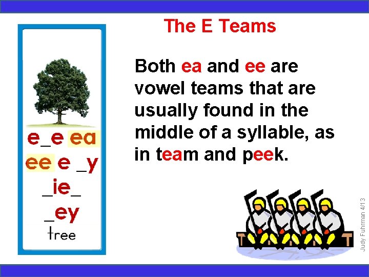 The E Teams Judy Fuhrman 4/13 Both ea and ee are vowel teams that