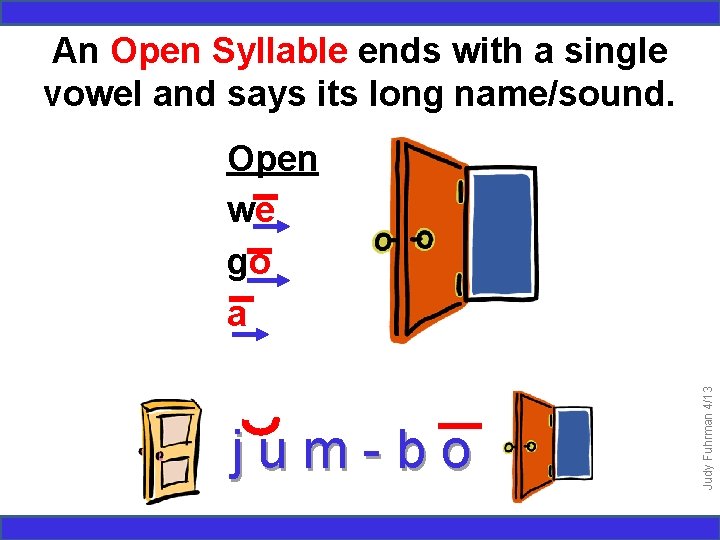 An Open Syllable ends with a single vowel and says its long name/sound. jum-bo