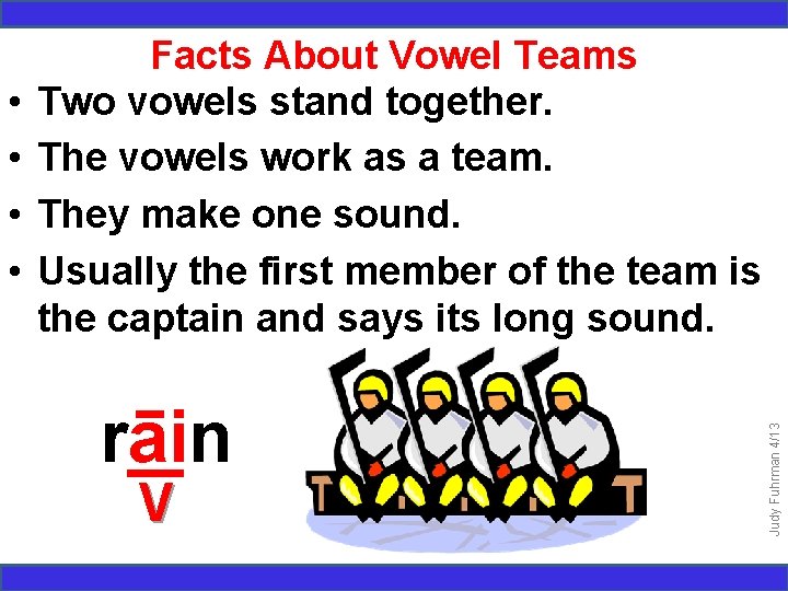 rain V Judy Fuhrman 4/13 • • Facts About Vowel Teams Two vowels stand
