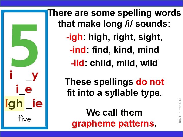 There are some spelling words that make long /i/ sounds: -igh: high, right, sight,