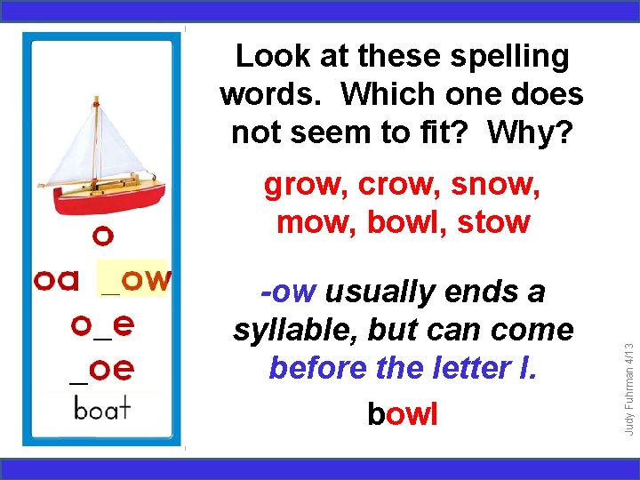Look at these spelling words. Which one does not seem to fit? Why? -ow