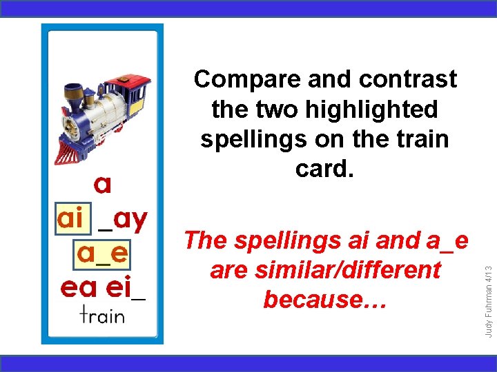 The spellings ai and a_e are similar/different because… Judy Fuhrman 4/13 Compare and contrast