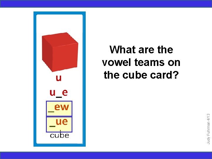 Judy Fuhrman 4/13 What are the vowel teams on the cube card? 