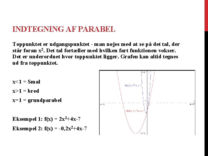 INDTEGNING AF PARABEL Toppunktet er udgangspunktet - man nøjes med at se på det