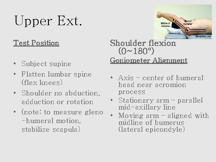 Upper Ext. Test Position Shoulder flexion (0~180°) • Subject supine • Flatten lumbar spine