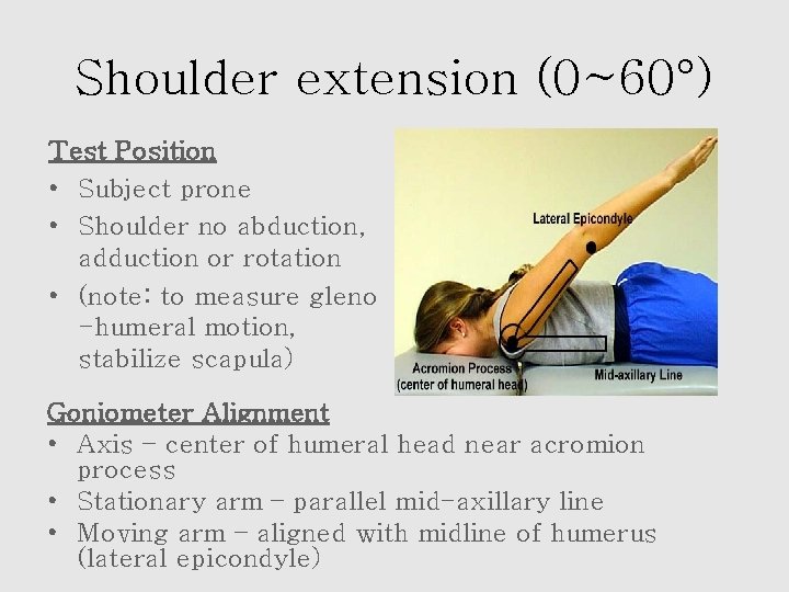 Shoulder extension (0~60°) Test Position • Subject prone • Shoulder no abduction, adduction or