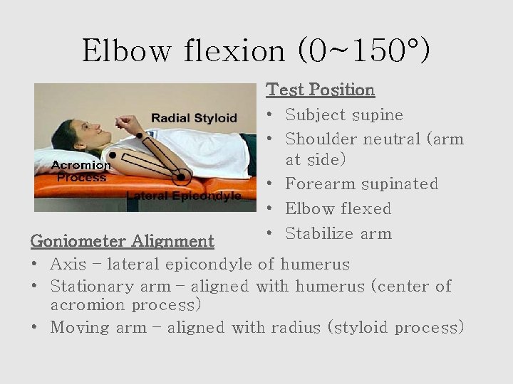 Elbow flexion (0~150°) Test Position • Subject supine • Shoulder neutral (arm at side)