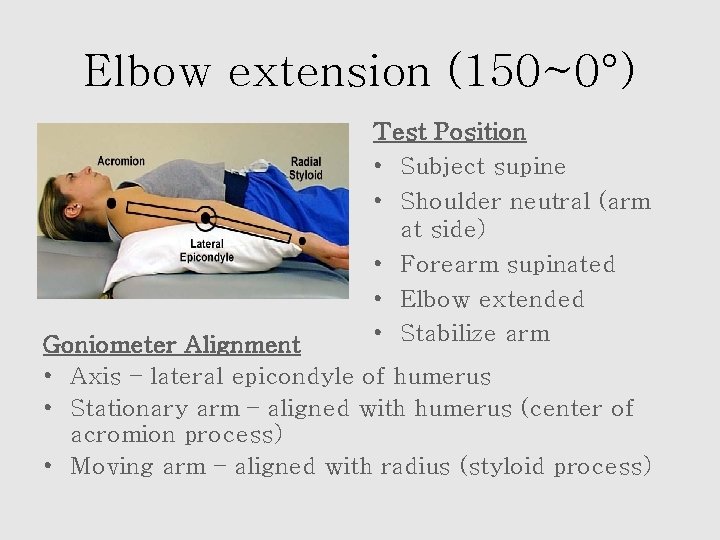 Elbow extension (150~0°) Test Position • Subject supine • Shoulder neutral (arm at side)