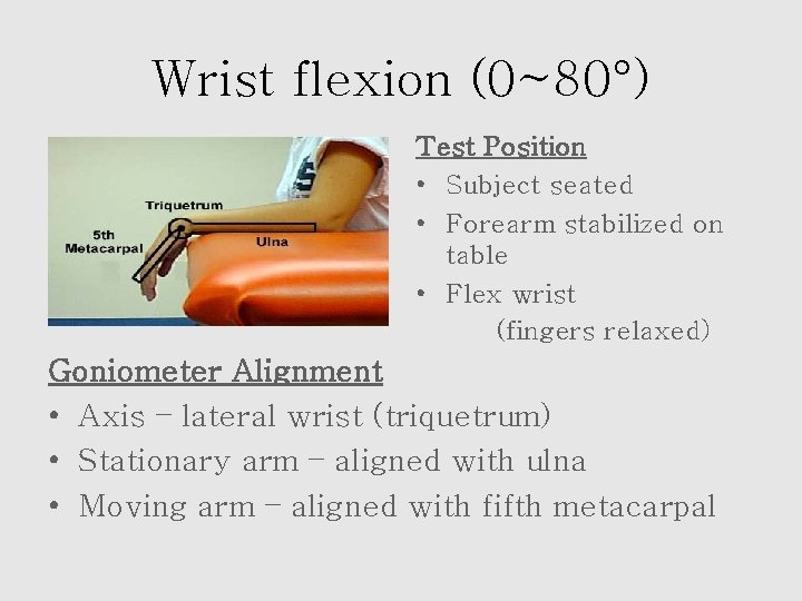 Wrist flexion (0~80°) Test Position • Subject seated • Forearm stabilized on table •
