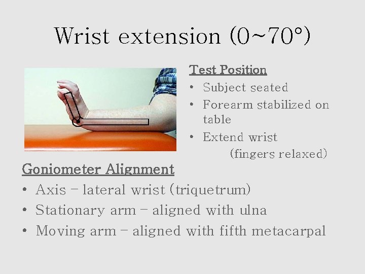 Wrist extension (0~70°) Test Position • Subject seated • Forearm stabilized on table •