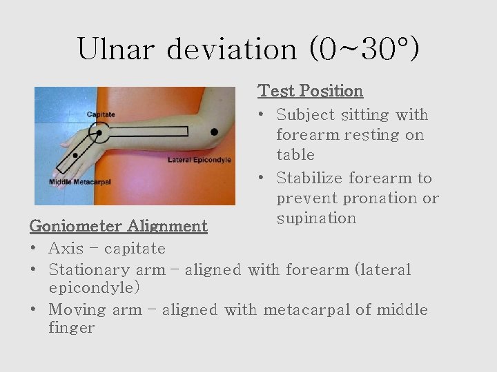 Ulnar deviation (0~30°) Test Position • Subject sitting with forearm resting on table •