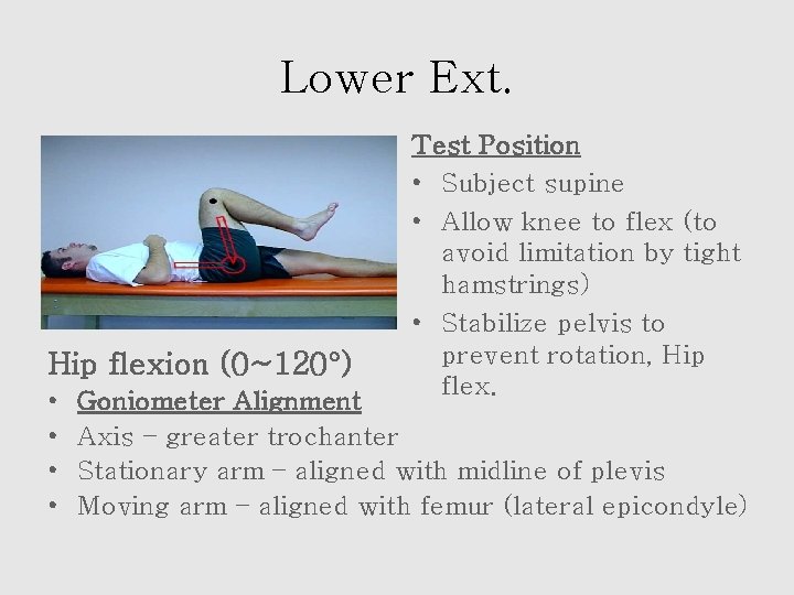 Lower Ext. Hip flexion (0~120°) • • Test Position • Subject supine • Allow
