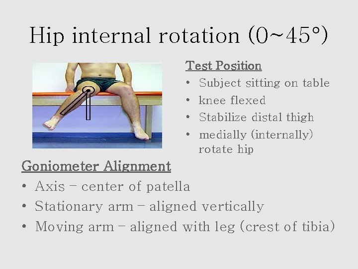 Hip internal rotation (0~45°) Test Position • Subject sitting on table • knee flexed