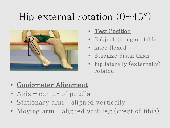 Hip external rotation (0~45°) • • • Test Position Subject sitting on table knee