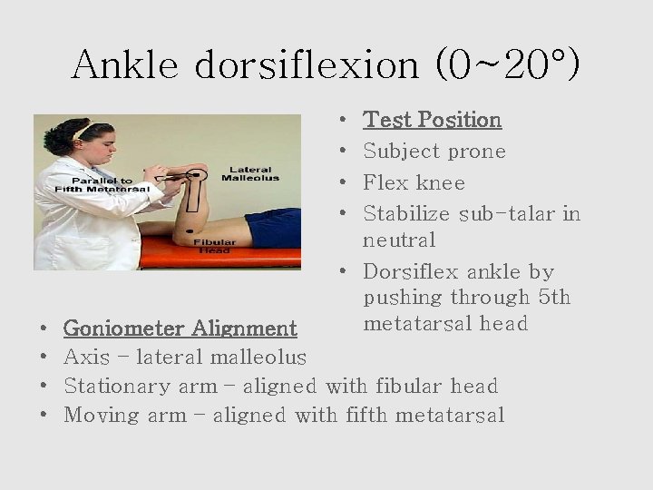 Ankle dorsiflexion (0~20°) • • Test Position Subject prone Flex knee Stabilize sub-talar in