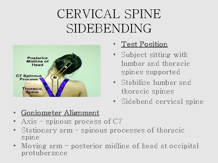 CERVICAL SPINE SIDEBENDING • Test Position • Subject sitting with lumbar and thoracic spines