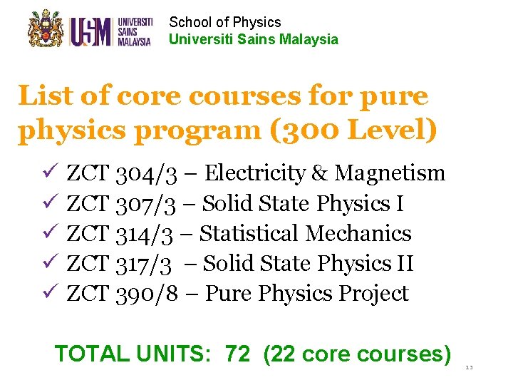 School of Physics Universiti Sains Malaysia List of core courses for pure physics program