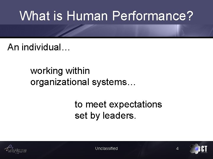 What is Human Performance? An individual… working within organizational systems… to meet expectations set