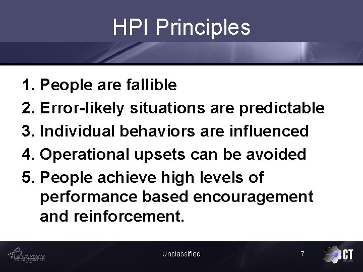 HPI Principles 1. People are fallible 2. Error-likely situations are predictable 3. Individual behaviors