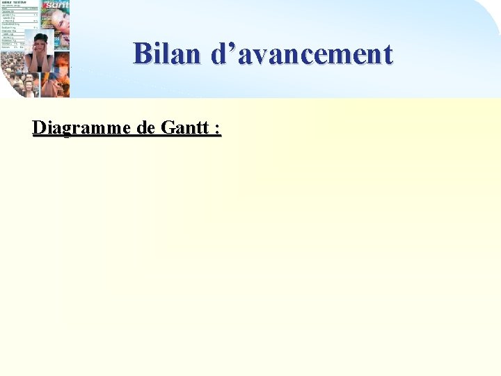 Bilan d’avancement Diagramme de Gantt : 