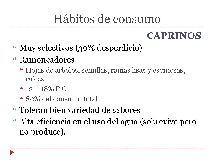 Hábitos de consumo CAPRINOS Muy selectivos (30% desperdicio) Ramoneadores Hojas de árboles, semillas, ramas Hábitos de consumo CAPRINOS Muy selectivos (30% desperdicio) Ramoneadores Hojas de árboles, semillas, ramas