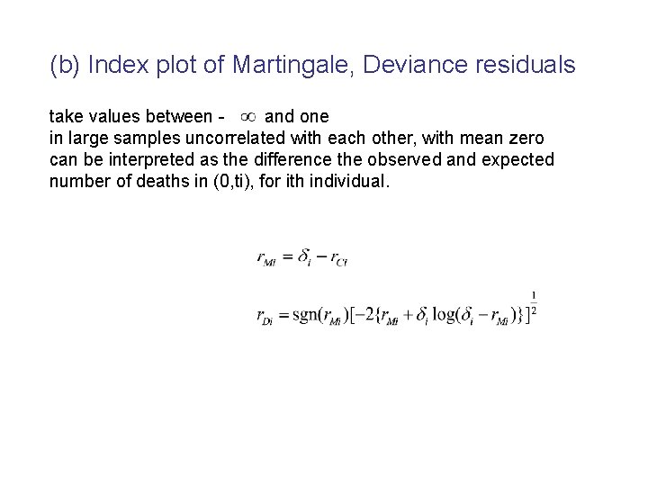 (b) Index plot of Martingale, Deviance residuals take values between and one in large