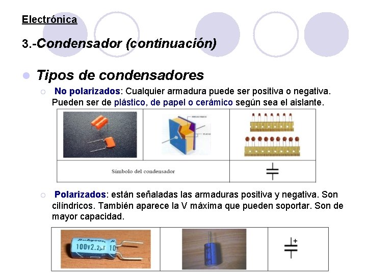 Electrónica 3. -Condensador (continuación) l Tipos de condensadores ¡ No polarizados: Cualquier armadura puede