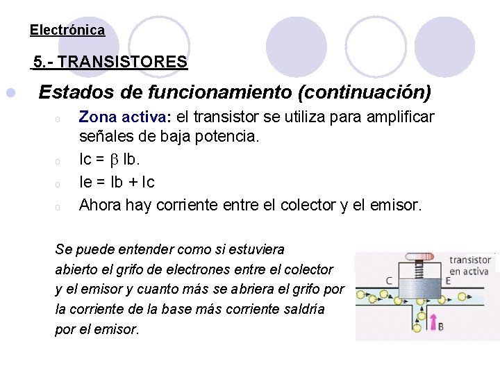 Electrónica 5. - TRANSISTORES l Estados de funcionamiento (continuación) o o Zona activa: el